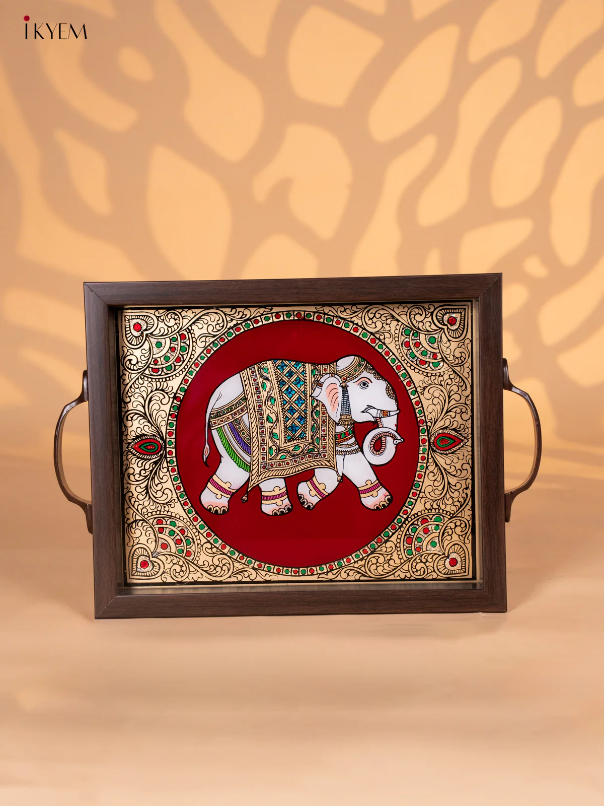 Reverse Glass Painted Tray (11x9) - Elephant - Maroon - KI02122