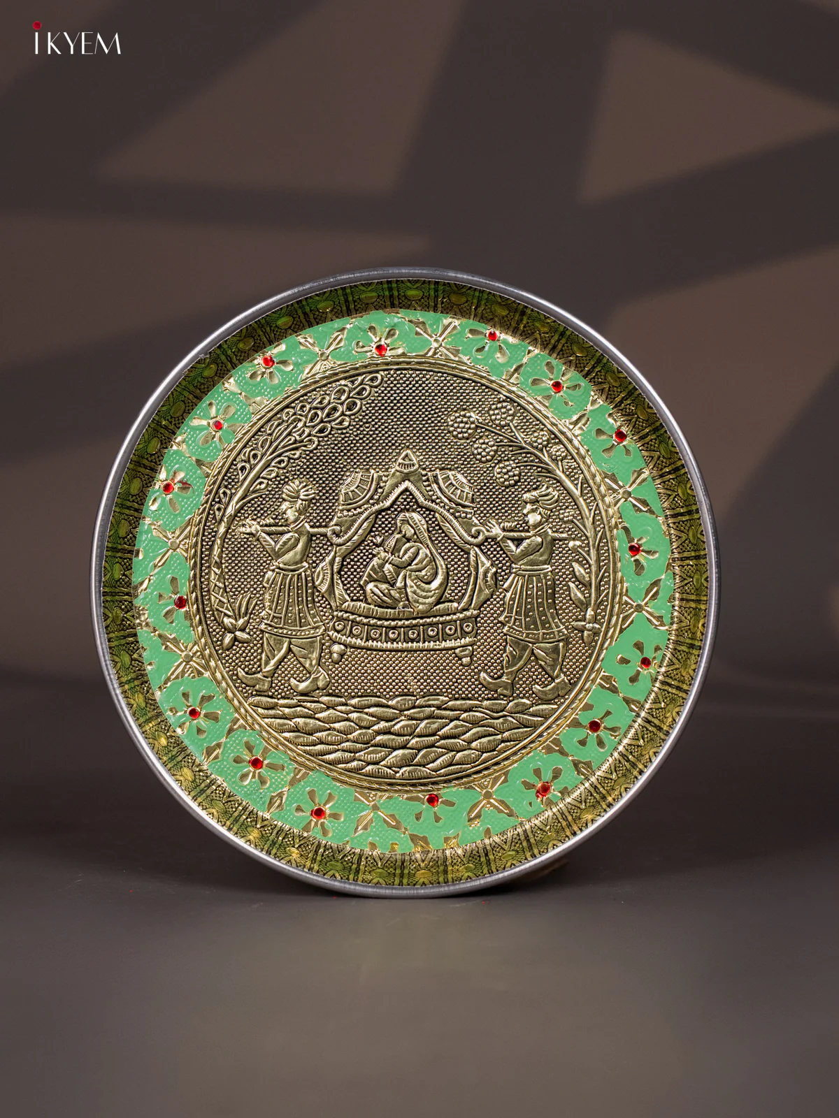 Green Meenakari Plate with Oxidized Pallakku Design - 8 Inches - KI02129