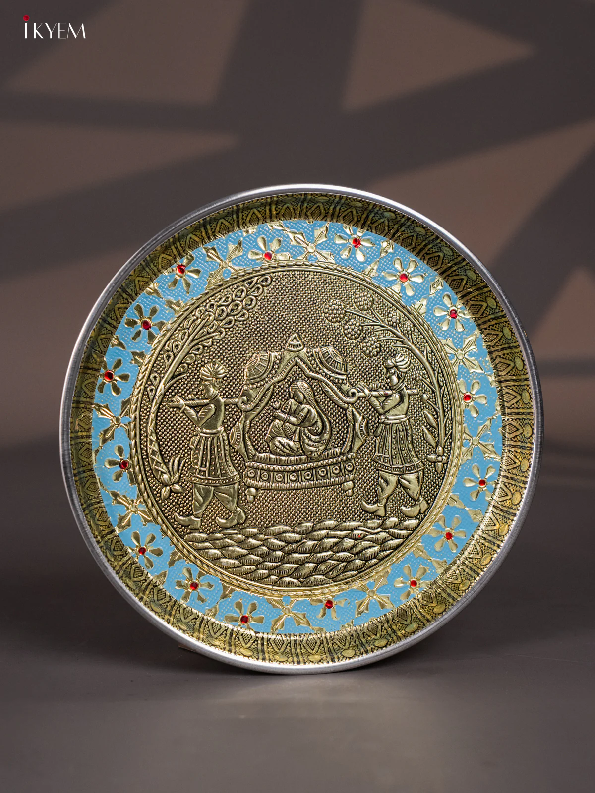 Blue Meenakari Plate with Oxidized Pallukku Design - 8 Inches - KI02131 - Image 2