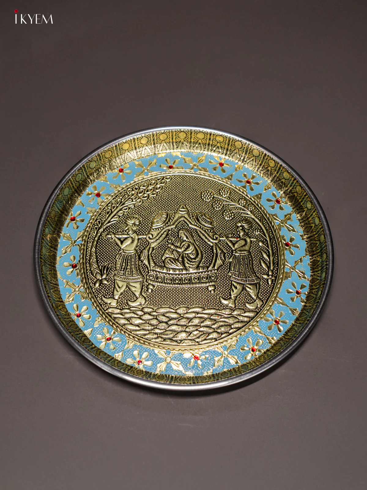 Blue Meenakari Plate with Oxidized Pallukku Design - 8 Inches - KI02131 - Image 3