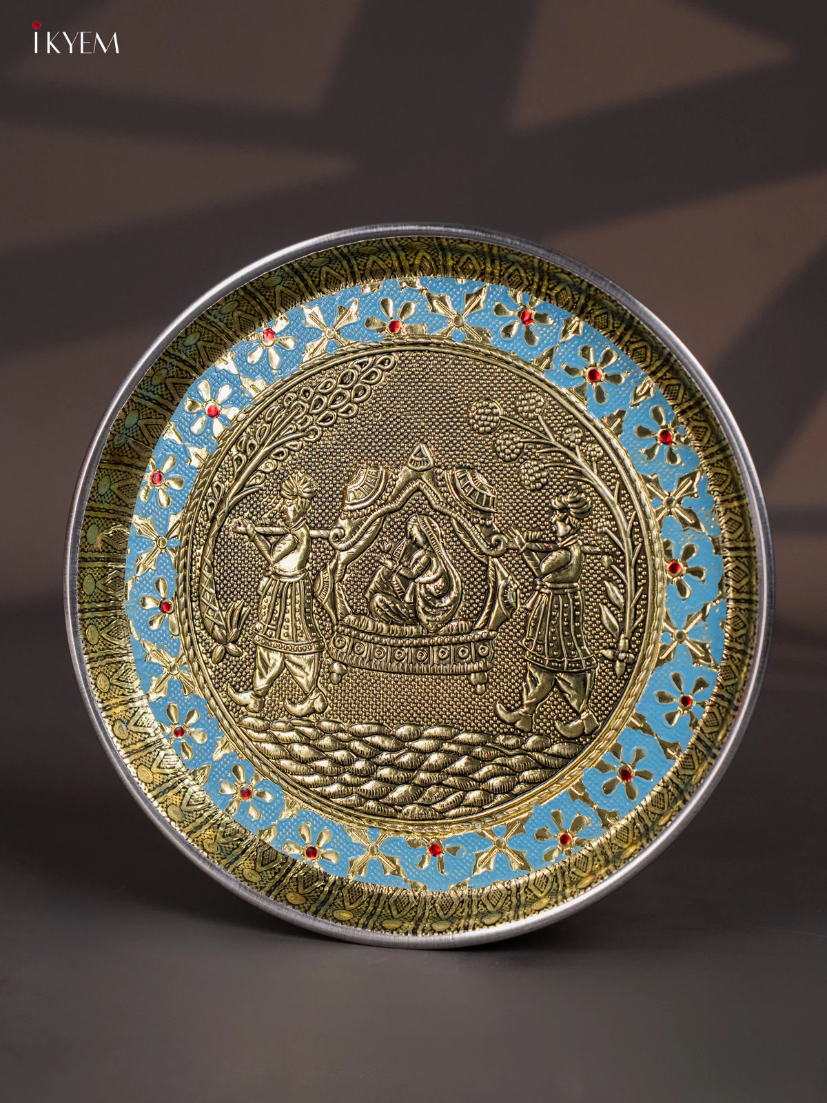 Blue Meenakari Plate with Oxidized Pallukku Design - 8 Inches - KI02131 - Image 4