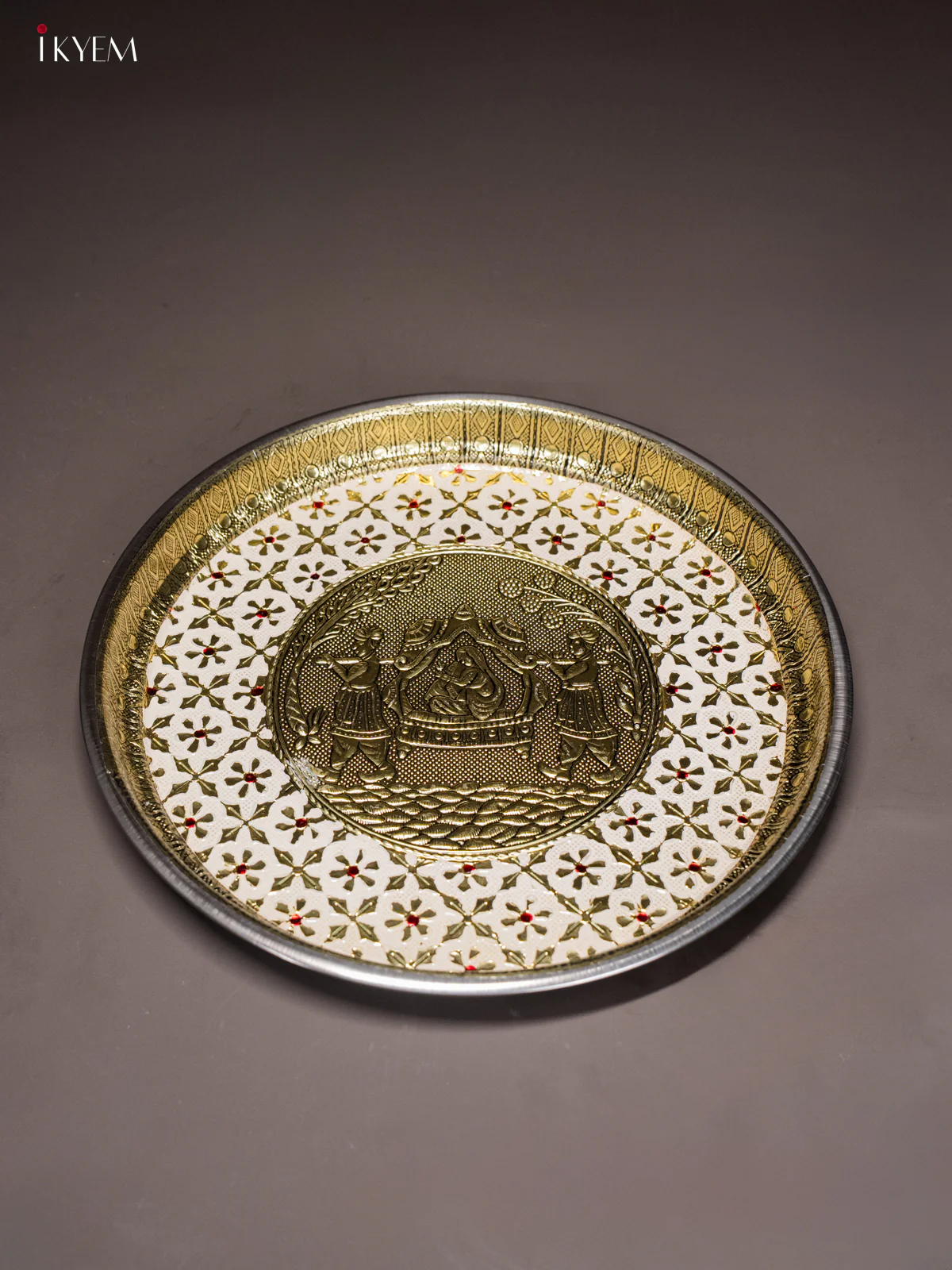 White Meenakari Plate with Oxidized Pallakku Design 11 Inches- KI02133 - Image 3