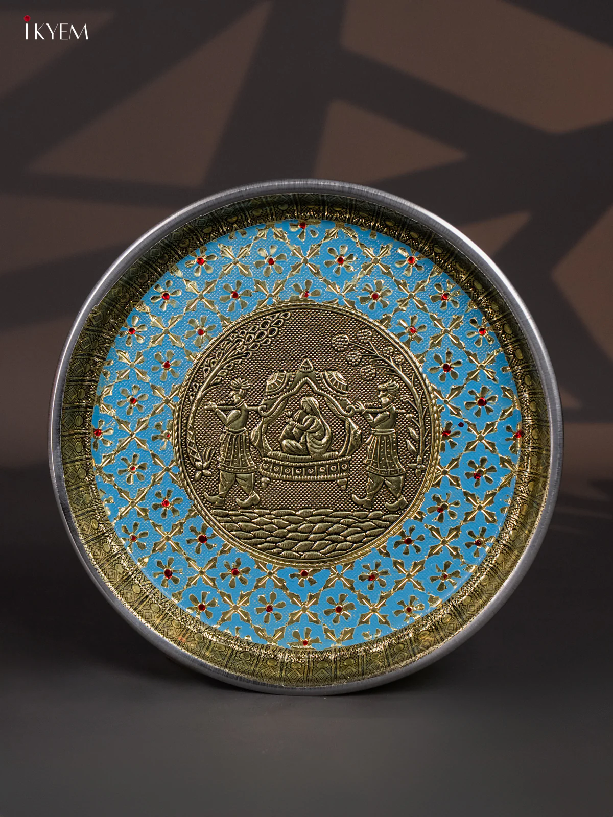 Blue Meenakari Plate with Oxidized Pallukku Design - 11 inches - KI02134