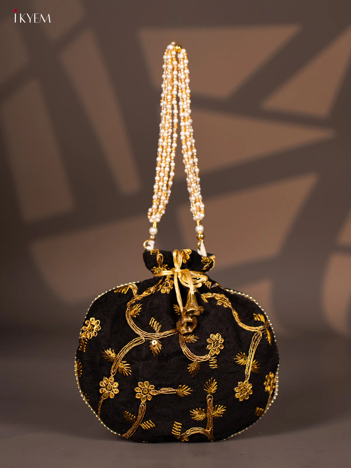 Potli Bag with Embroidered Floral Design & Gold Zari Black - KI02142
