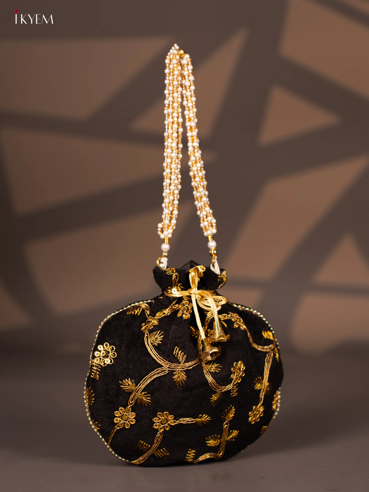 Potli Bag with Embroidered Floral Design & Gold Zari Black - KI02142 - Image 2