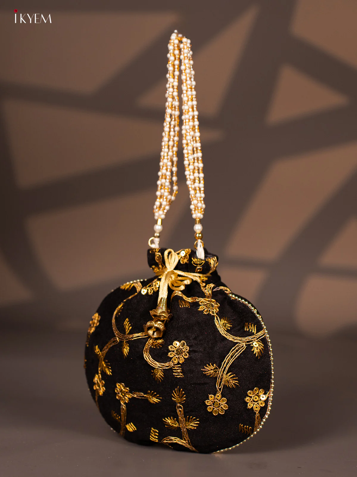 Potli Bag with Embroidered Floral Design & Gold Zari Black - KI02142 - Image 3