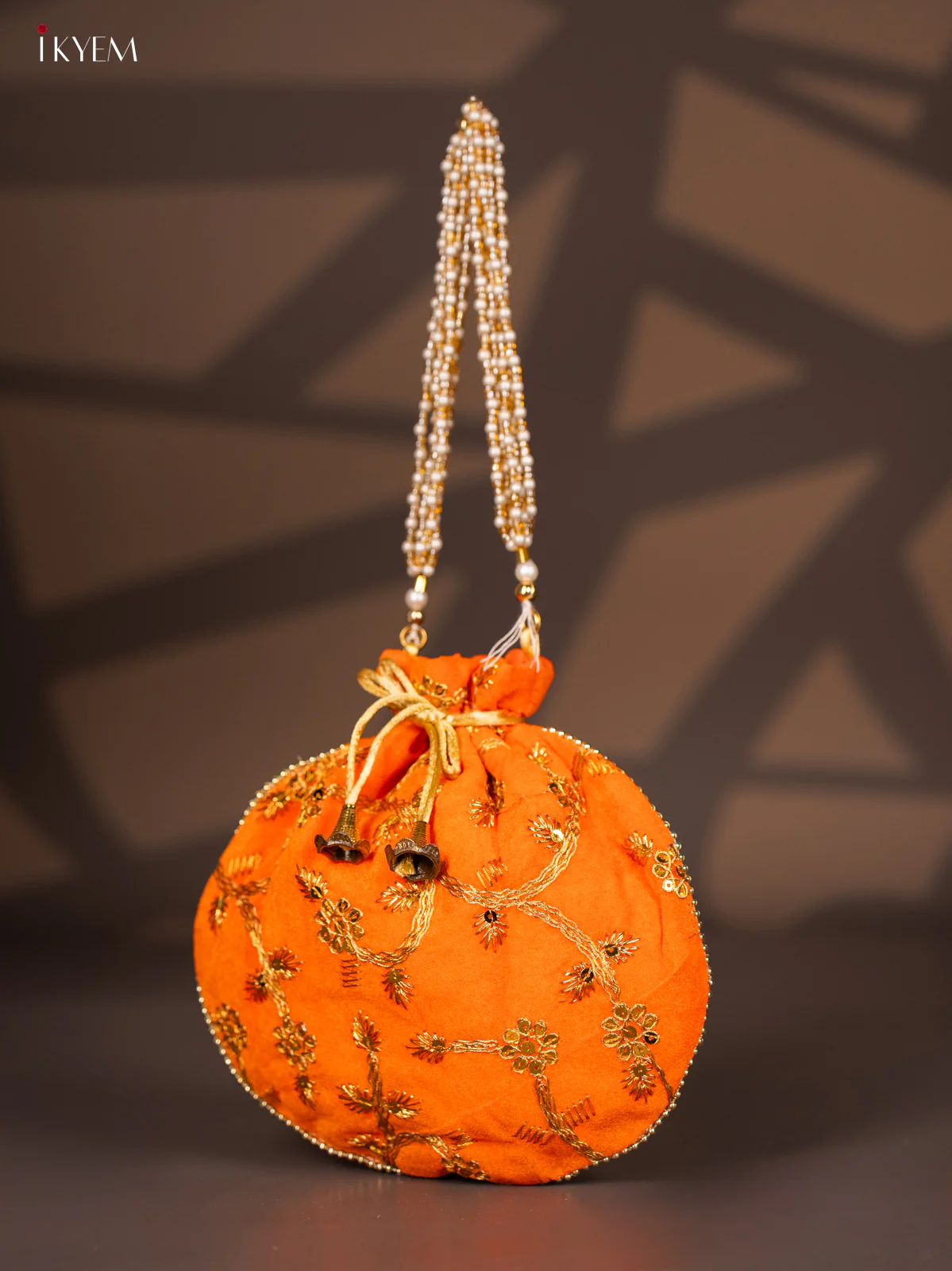 Potli Bag with Embroidered Floral Design & Gold Zari Orange - KI02144 - Image 3