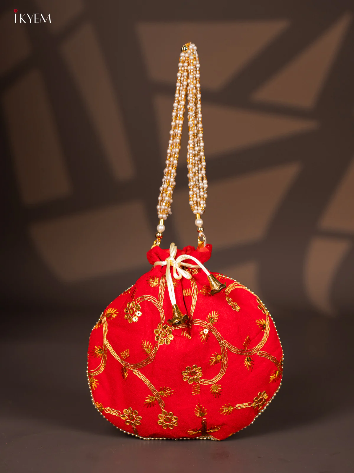 Potli Bag with Embroidered Floral Design & Gold Zari Red - KI02145 - Image 2