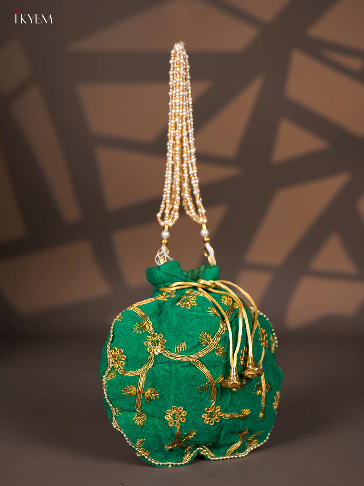 Potli Bag with Embroidered Floral Design & Gold Zari Green - KI02146 - Image 2