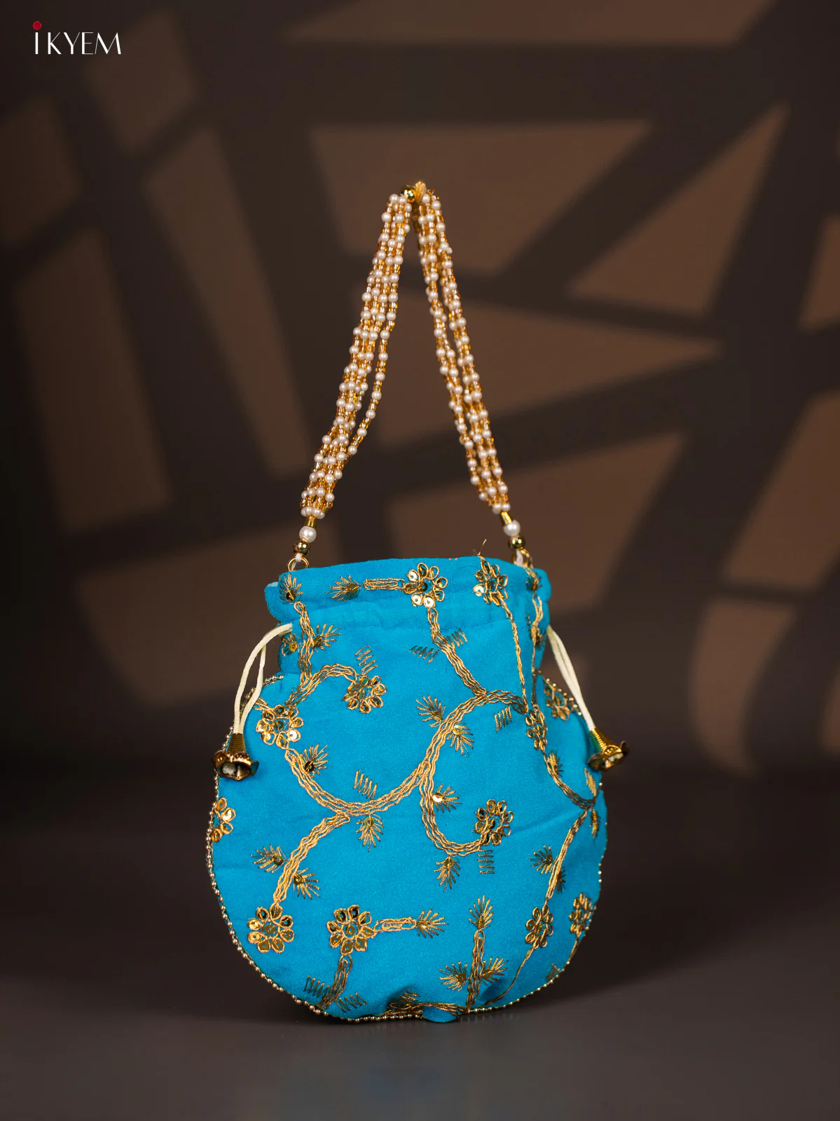 Potli Bag with Embroidered Floral Design & Gold Zari Sky Blue- KI02147 - Image 3