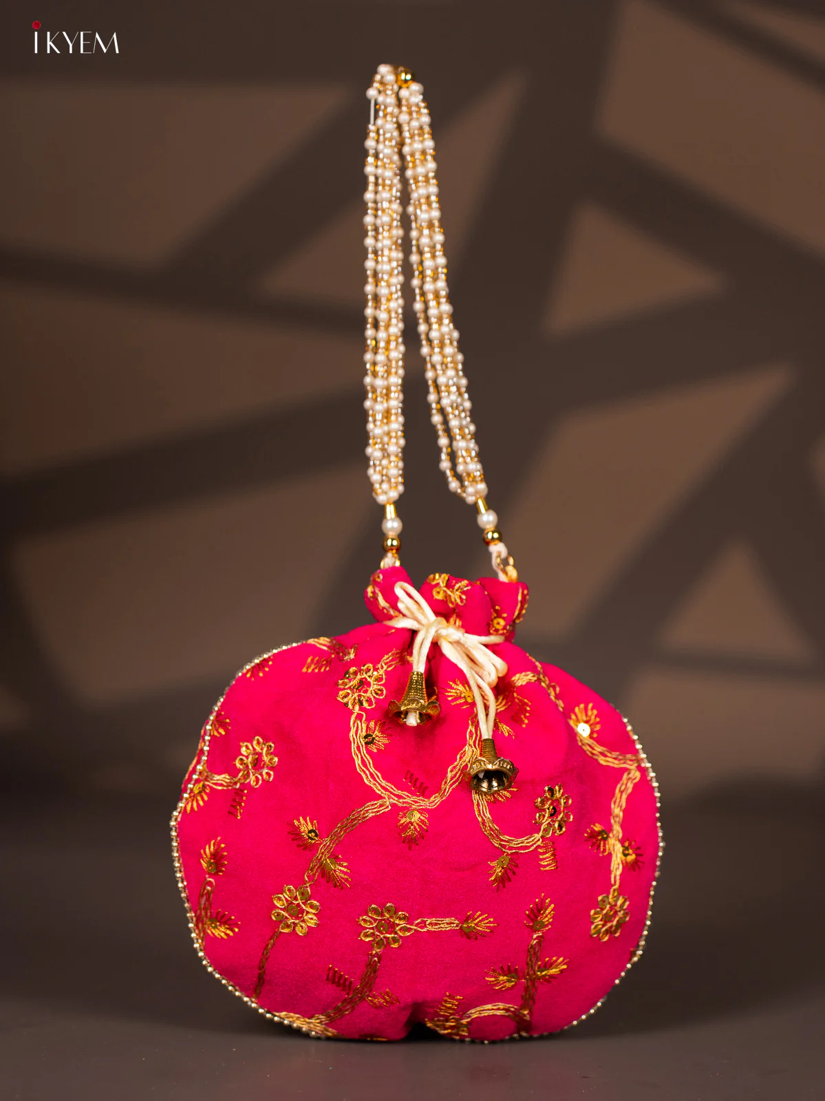 Potli Bag with Embroidered Floral Design & Gold Zari Pink - KI02148
