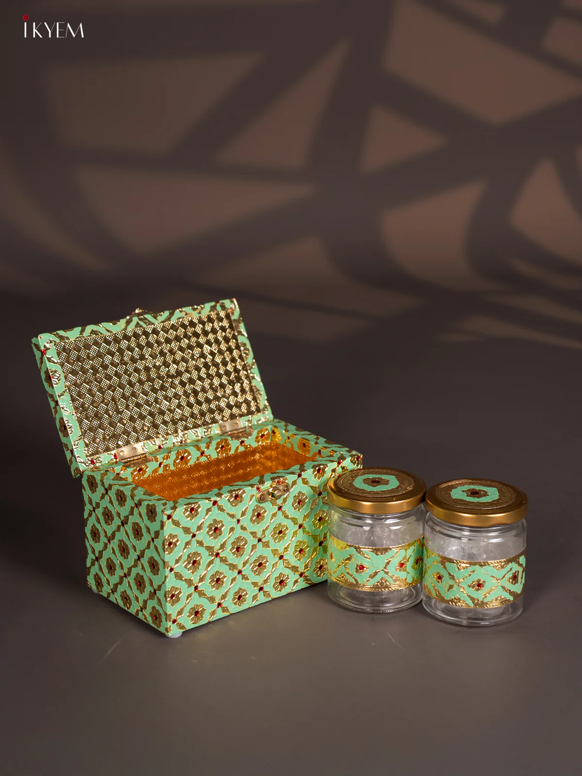 Meenakari Wooden Dry Fruit Box 2 Jar with Gless - Pista Green - KI03127 - Image 4