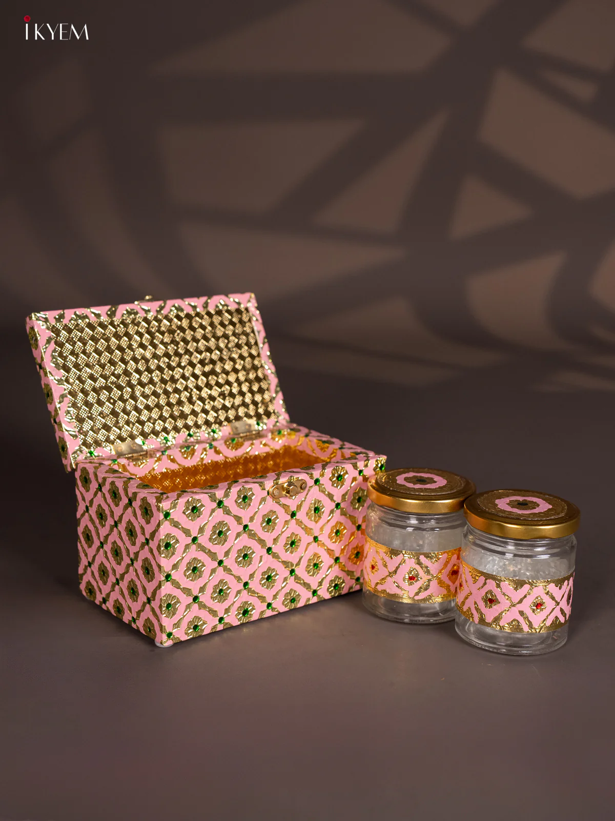Meenakari Wooden Dry Fruit Box 2 Jar with Gless - Pink - KI03128 - Image 3