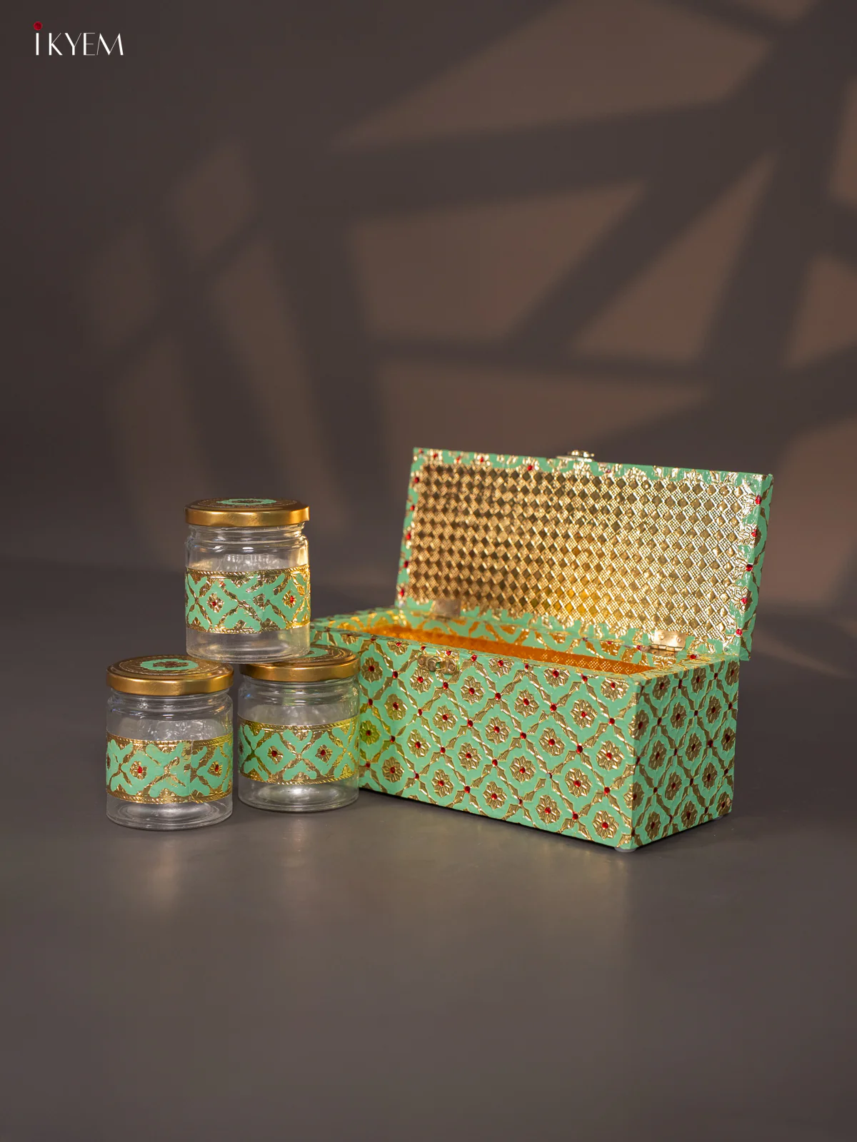 Meenakari Wooden Dry Fruit Box 3 Jar with Gless - Pista Green - KI03131 - Image 4