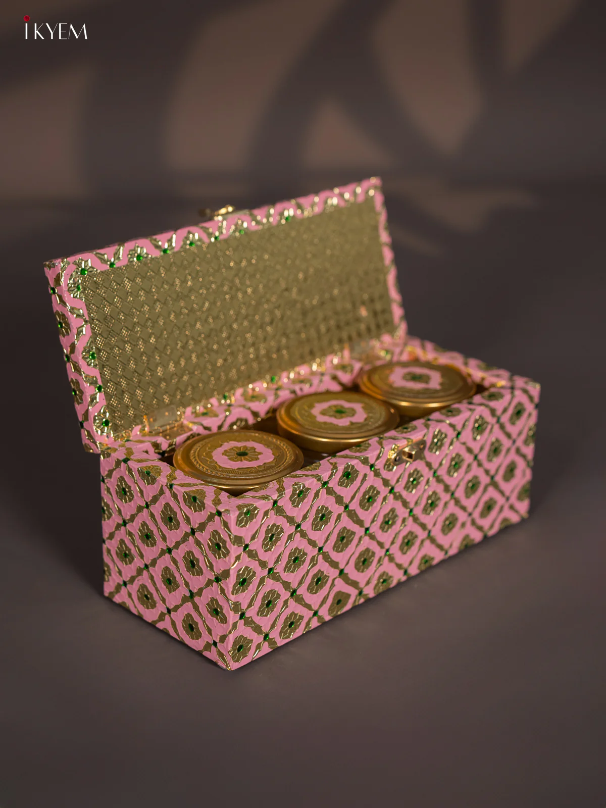 Meenakari Wooden Dry Fruit Box 3 Jar with Gless - Pink - KI03132 - Image 3