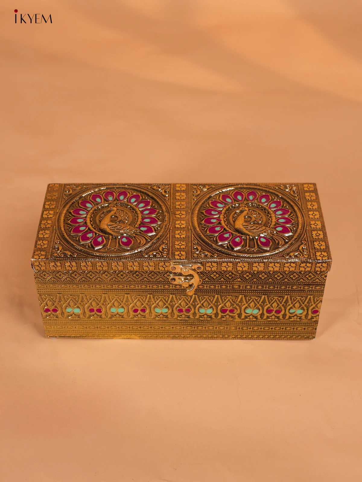 Meenakari Wooden Dry Fruit Box 3 Jar with Gless - Peacock design - KI03134
