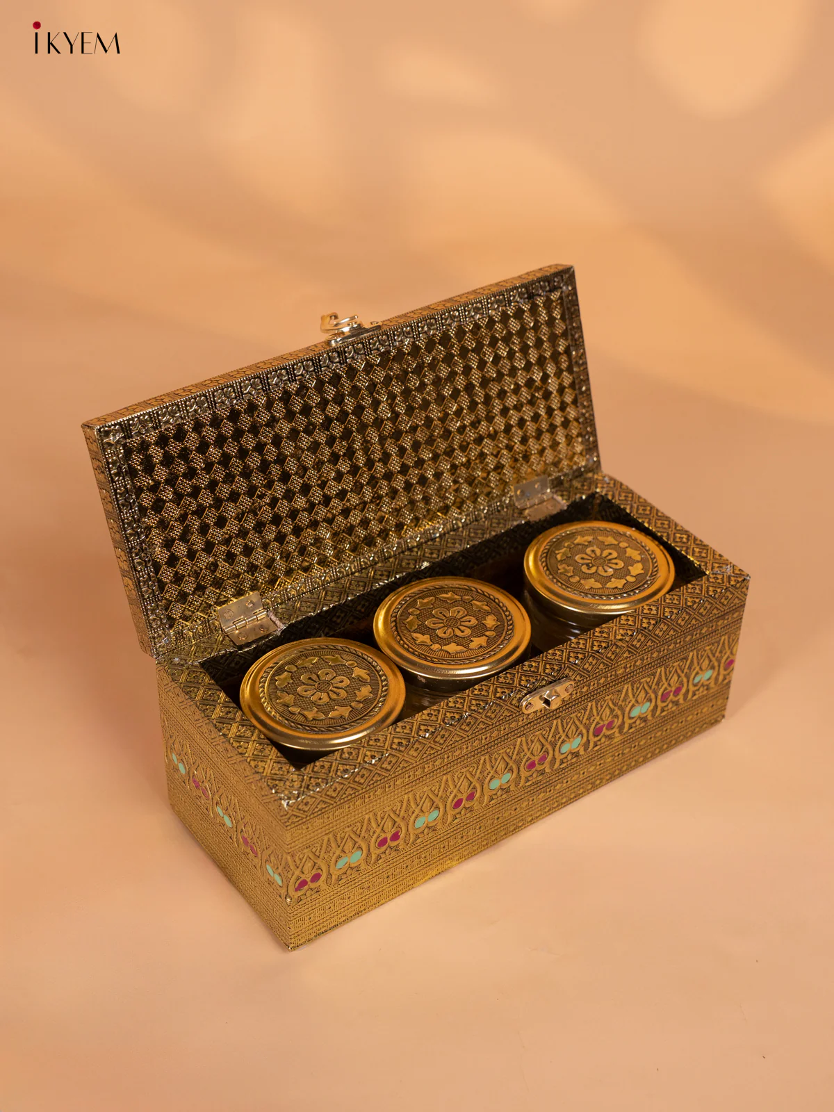 Meenakari Wooden Dry Fruit Box 3 Jar with Gless - Peacock design - KI03134 - Image 2