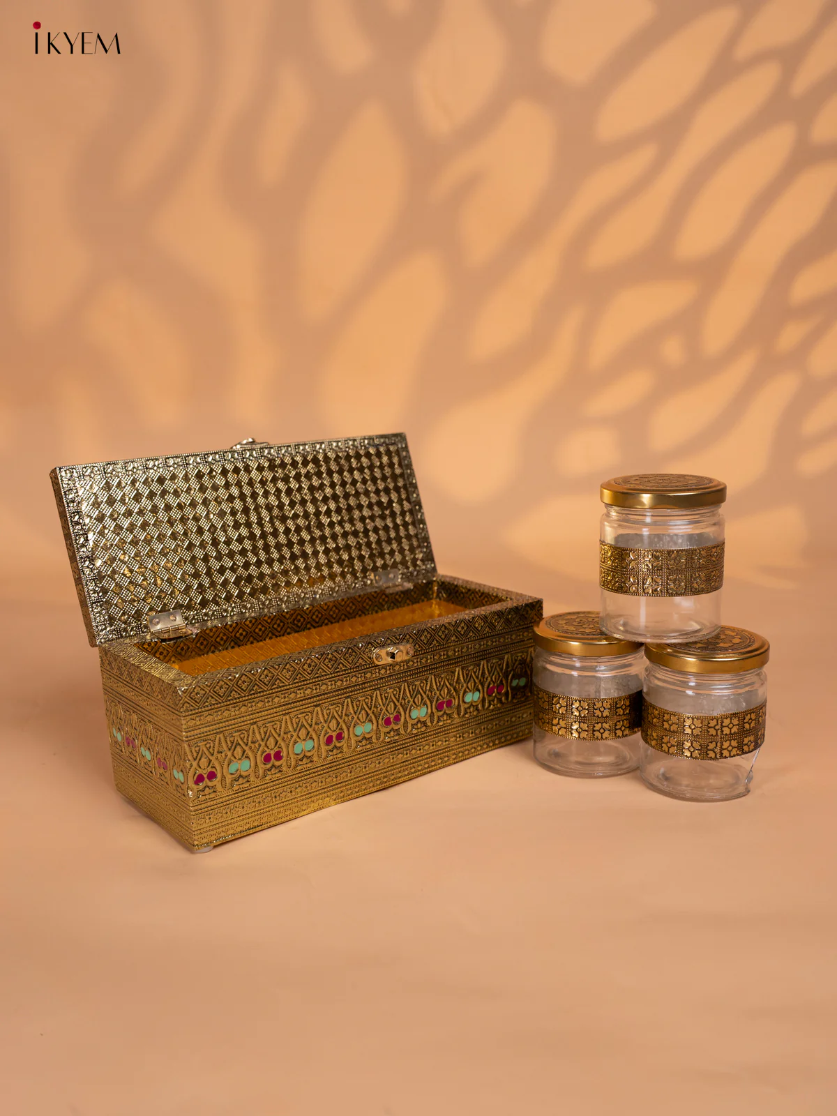 Meenakari Wooden Dry Fruit Box 3 Jar with Gless - Peacock design - KI03134 - Image 4