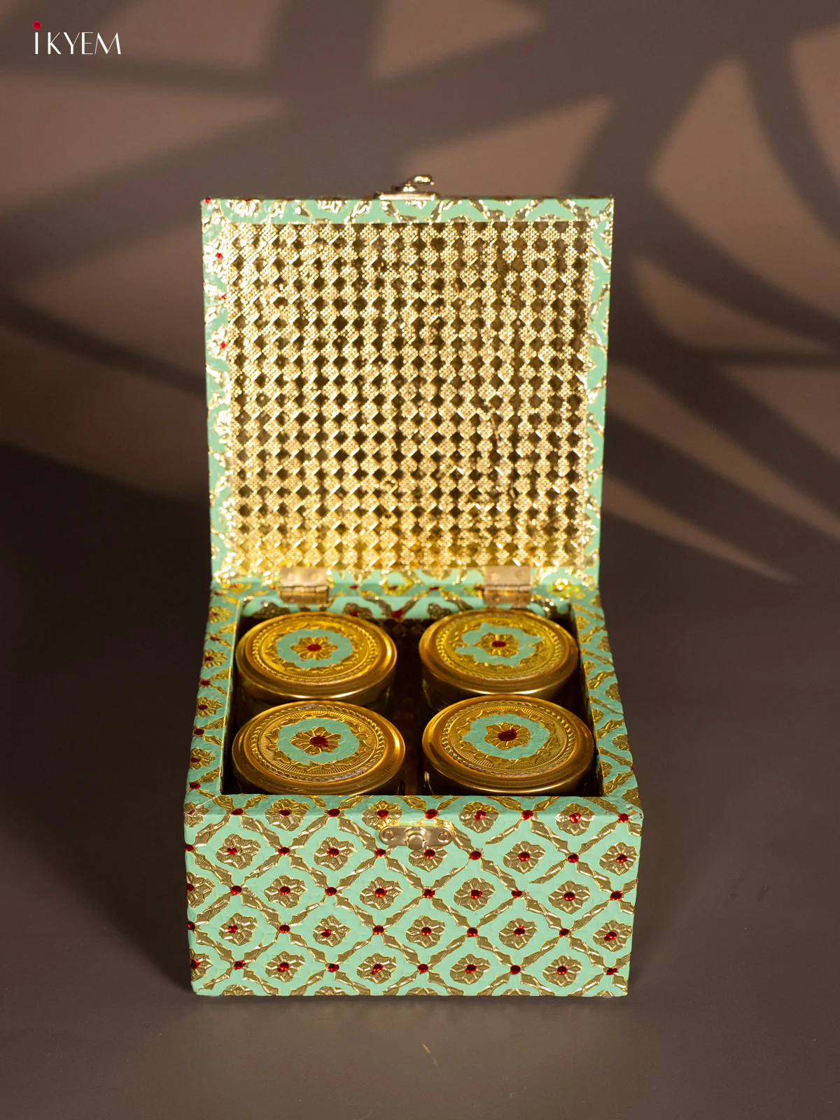 Meenakari Wooden Dry Fruit Box 4 Jar with Gless - Pista Green - Image 2