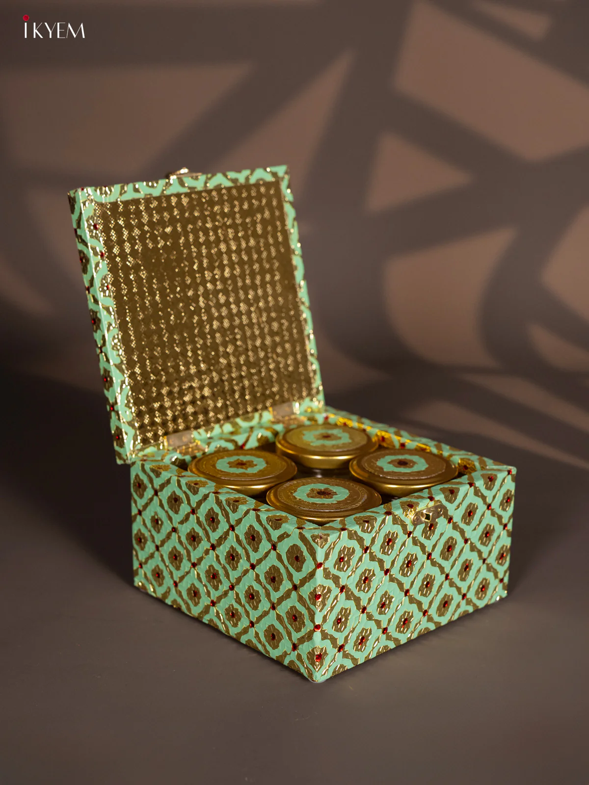 Meenakari Wooden Dry Fruit Box 4 Jar with Gless - Pista Green - Image 3