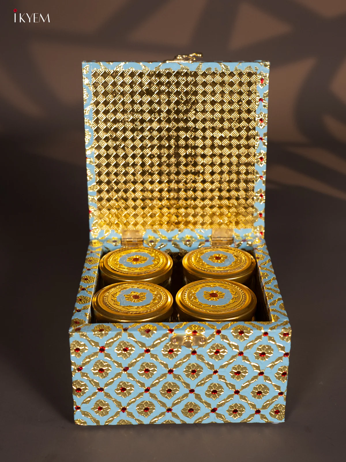 Meenakari Wooden Dry Fruit Box 4 Glass Jar - Blue - KI03137 - Image 2