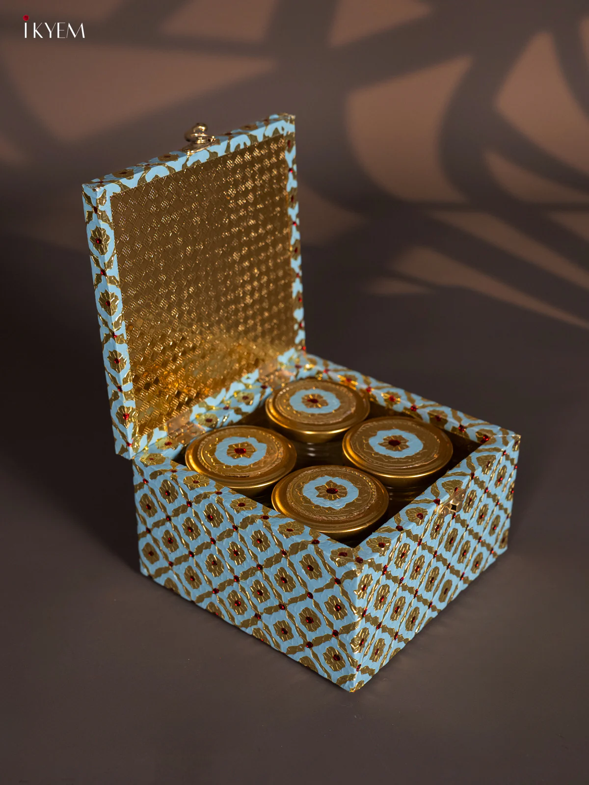 Meenakari Wooden Dry Fruit Box 4 Glass Jar - Blue - KI03137 - Image 3