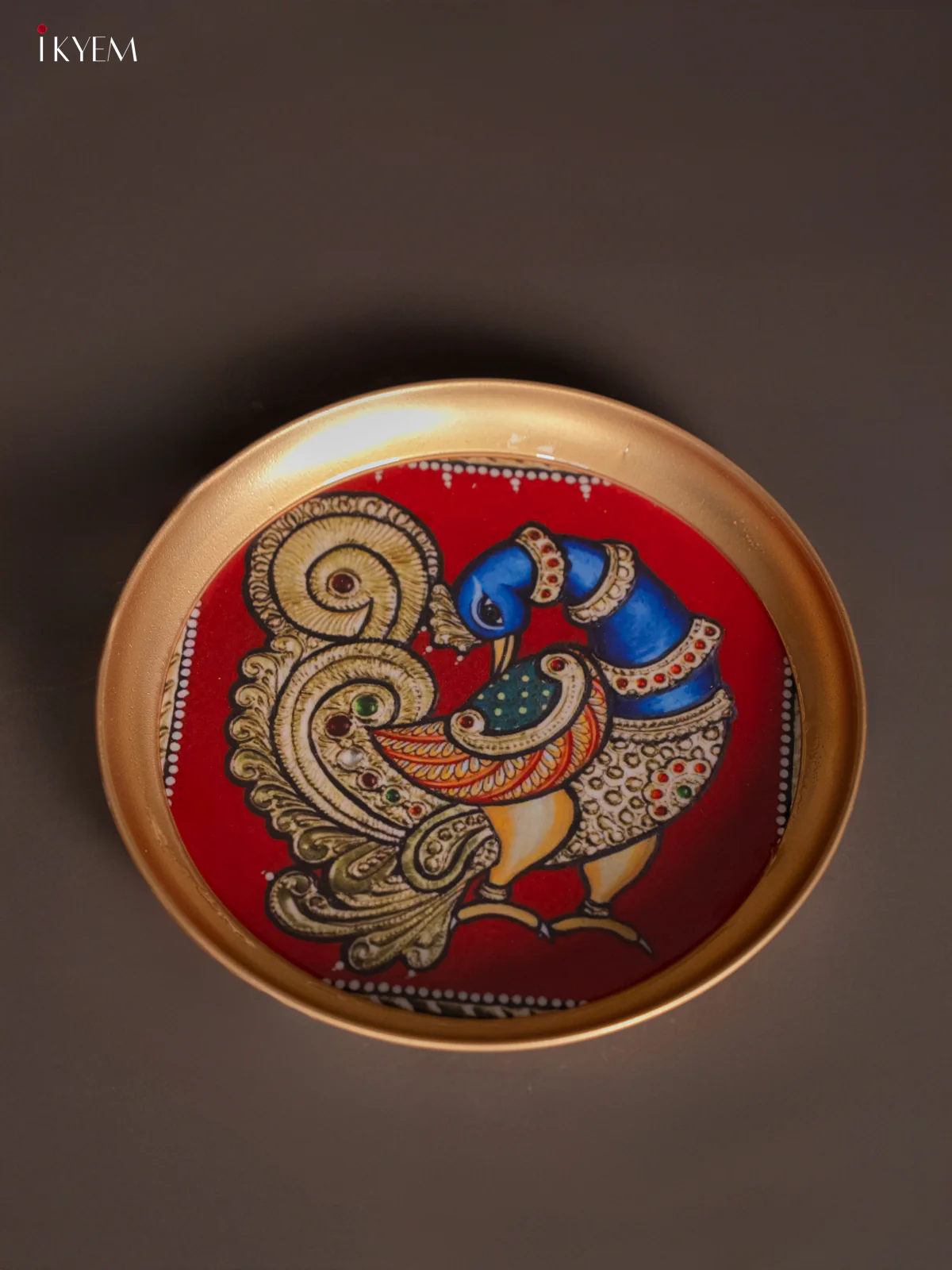 Brass Coated Plate Peacock - Red & Blue - 8 Inches - KI06115 - Image 3