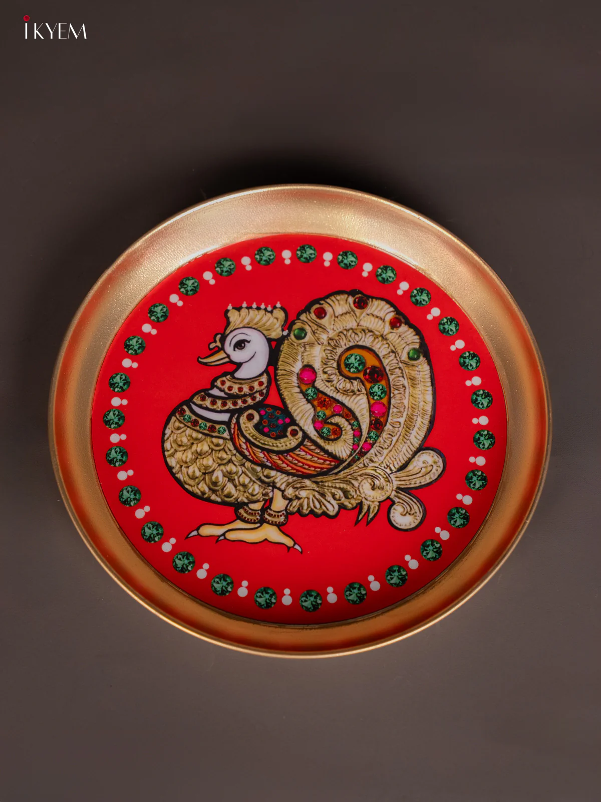 Brass Coated Plate Peacock- Red - 8 Inches - KI06118 - Image 3