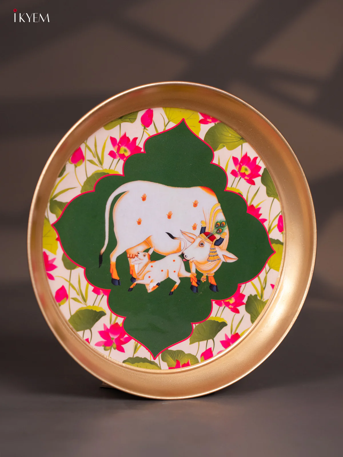 Brass Coated Plate Cow & calf Pichwai - Green - 8 Inches - KI06124 - Image 2