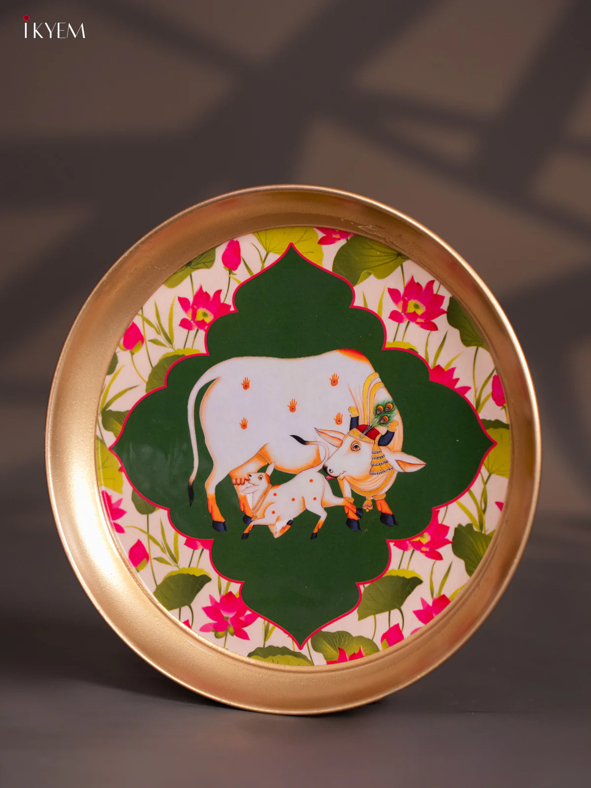 Brass Coated Plate Cow & calf Pichwai - Green - 8 Inches - KI06124 - Image 4