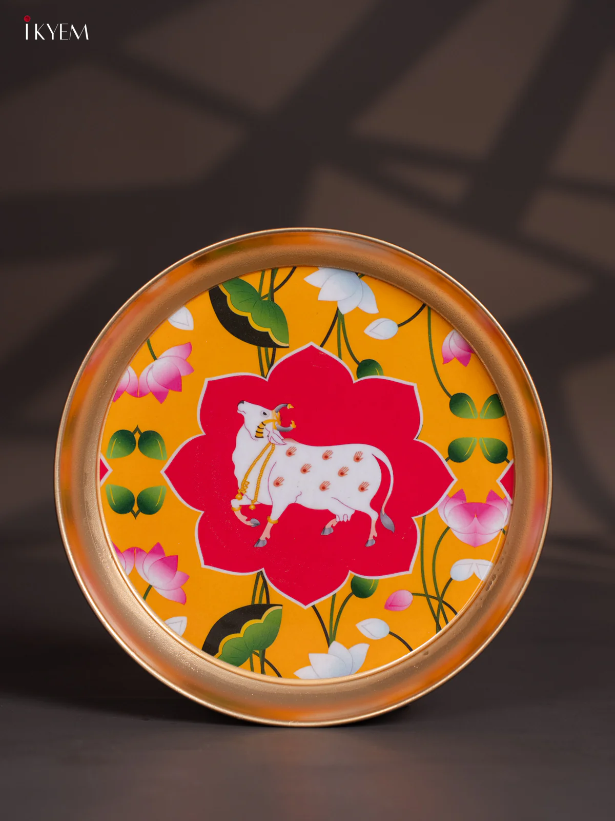 Brass Coated Plate Cow pichwai - yellow & Pink - 8 Inches - KI06126