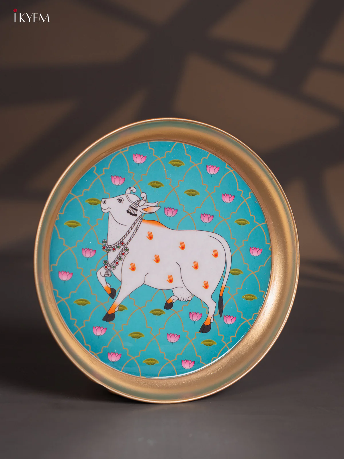 Brass Coated Plate Cow Pichwai - Blue - 8 Inches - KI06127 - Image 2