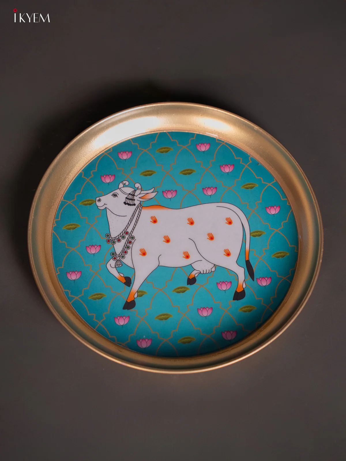 Brass Coated Plate Cow Pichwai - Blue - 8 Inches - KI06127 - Image 3