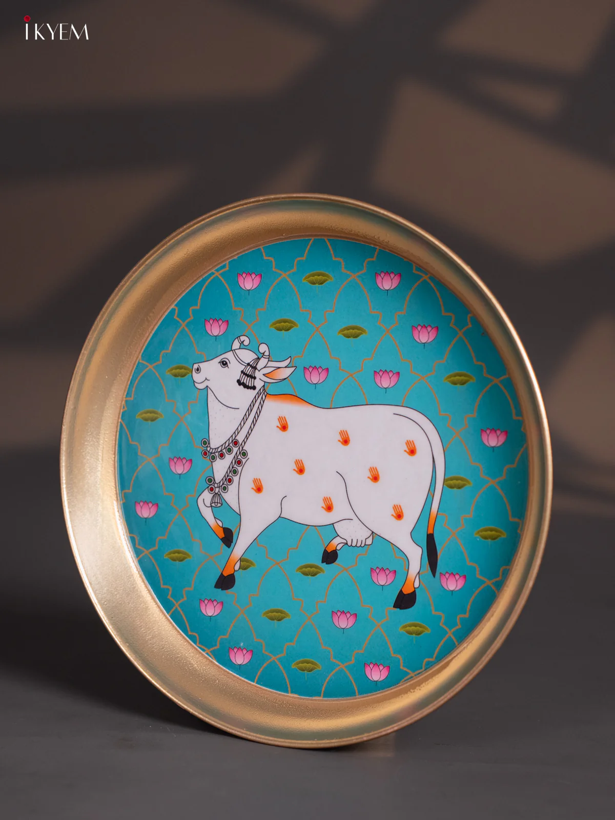 Brass Coated Plate Cow Pichwai - Blue - 8 Inches - KI06127 - Image 4