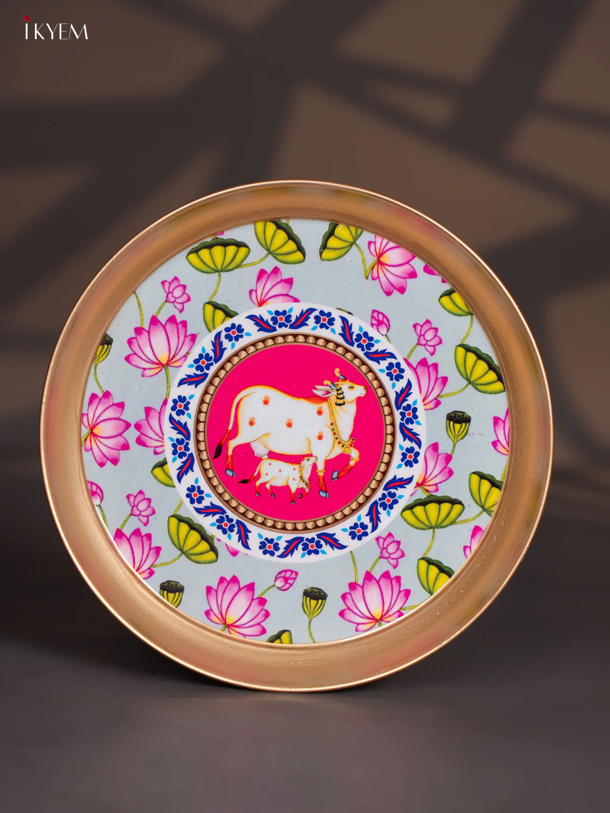 Brass Coated Plate Cow & Calf Pichwai - Green with Pink - 8 Inches - KI06132
