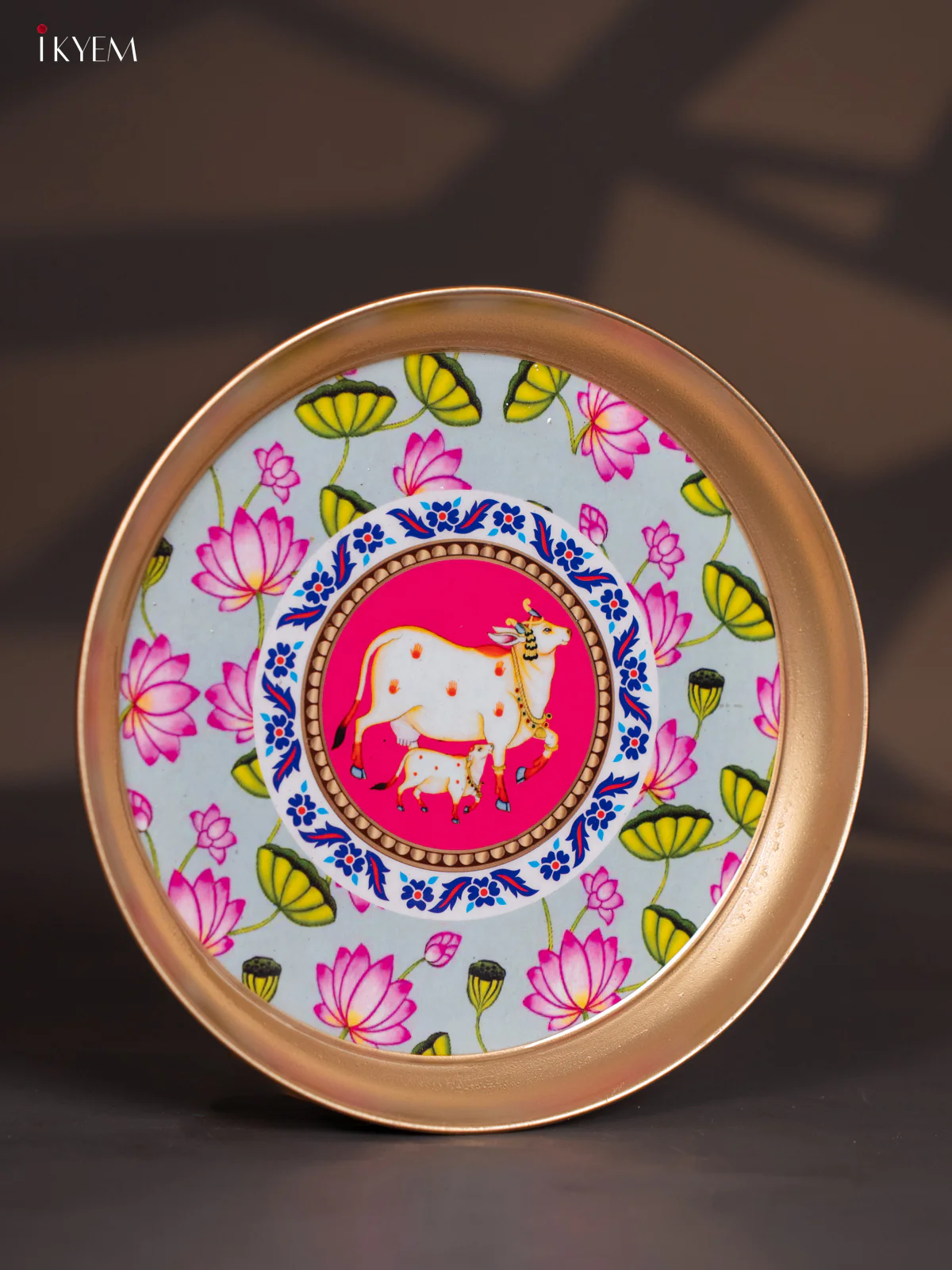 Brass Coated Plate Cow & Calf Pichwai - Green with Pink - 8 Inches - KI06132 - Image 2