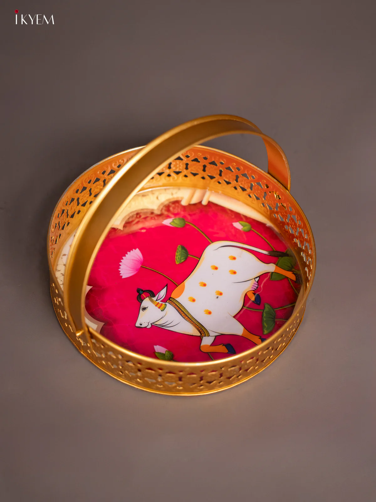 Cow Printed Round Metal tray with handle - Pink 8 Inches - KI07179