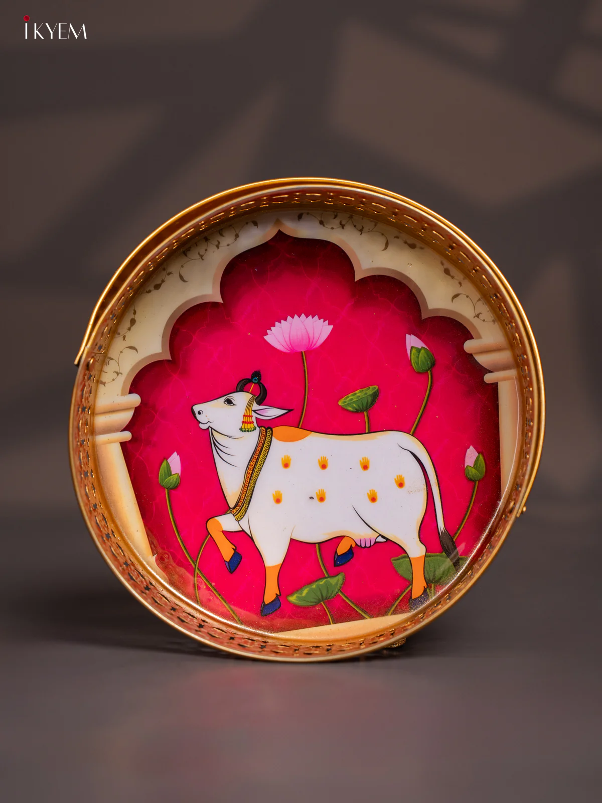 Cow Printed Round Metal tray with handle - Pink 8 Inches - KI07179 - Image 2