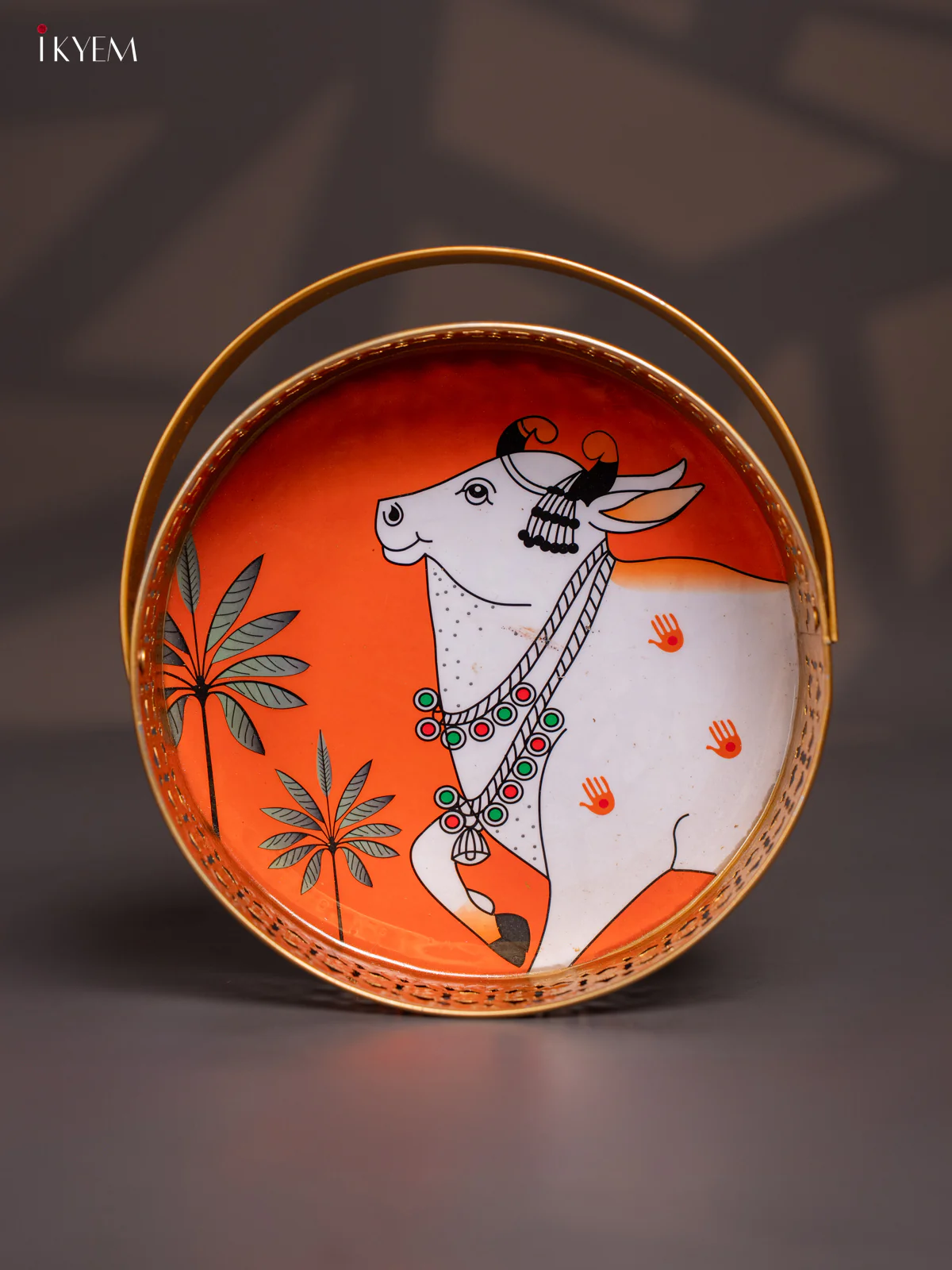 Cow Printed Round Metal tray with handle - Orange 8 Inches - KI07182 - Image 2