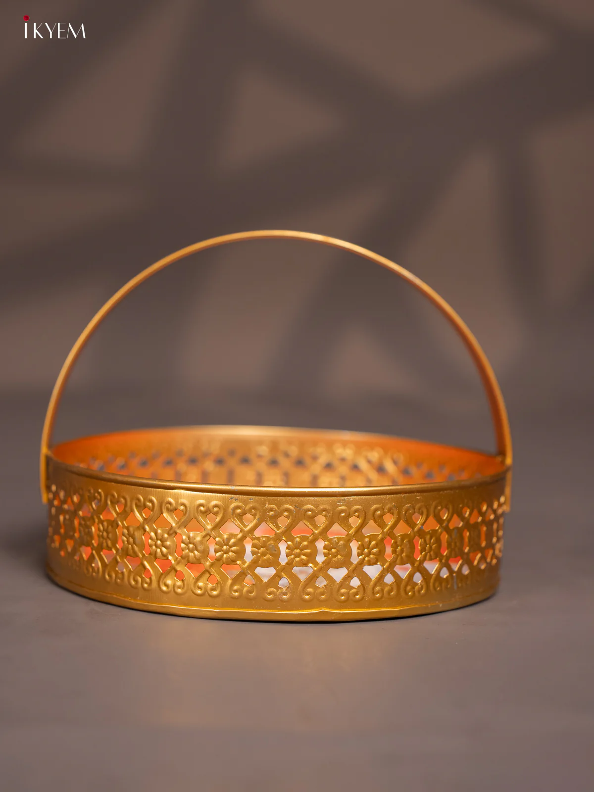 Cow Printed Round Metal tray with handle - Orange 8 Inches - KI07182 - Image 3