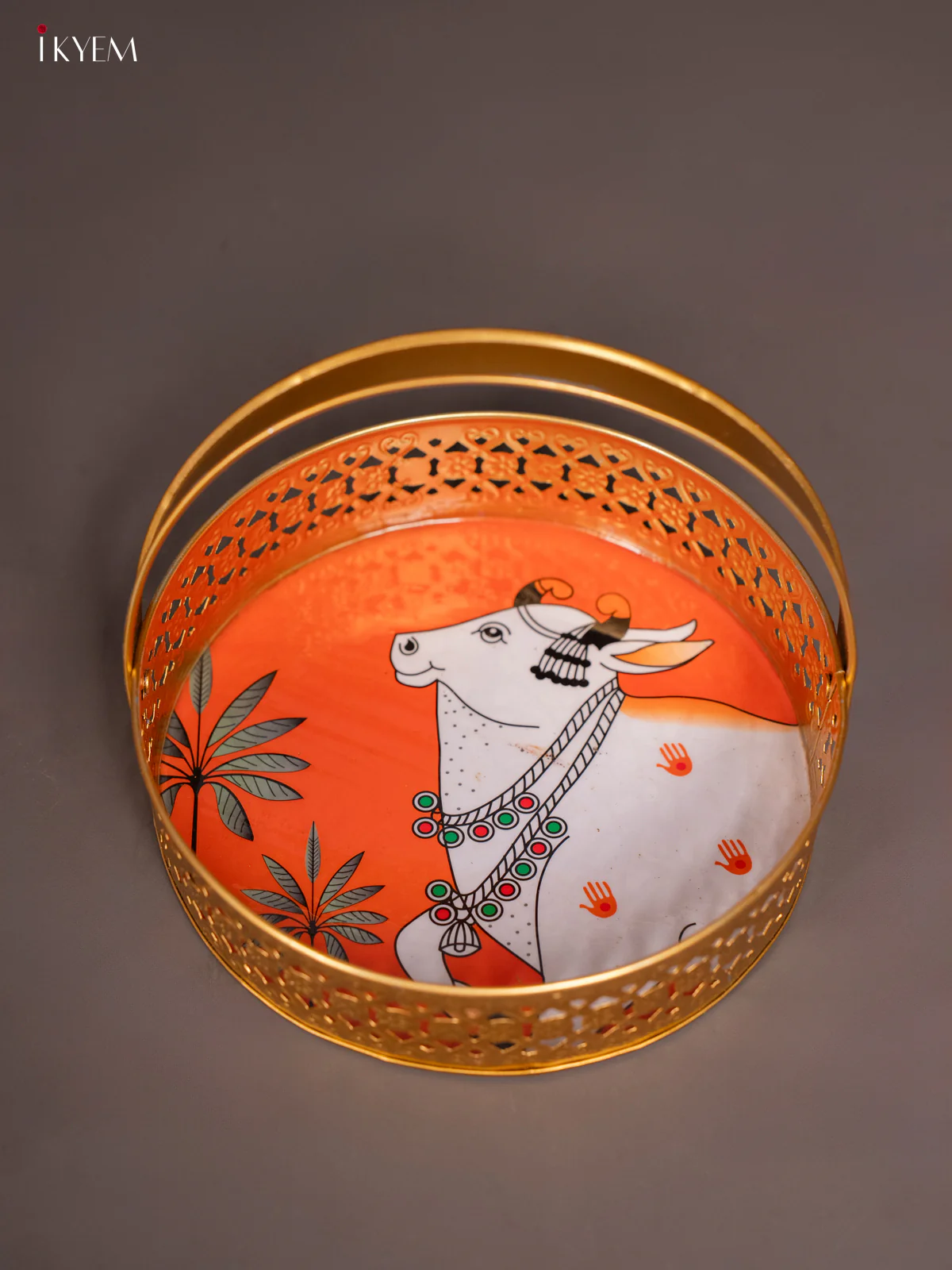 Cow Printed Round Metal tray with handle - Orange 8 Inches - KI07182 - Image 4