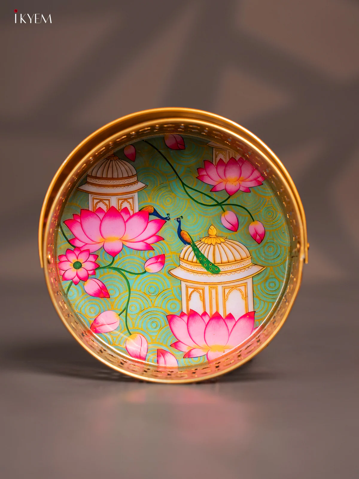 Palace & Peacock Printed Round Metal tray with handle - Teal 6 Inches - KI07183 - Image 2