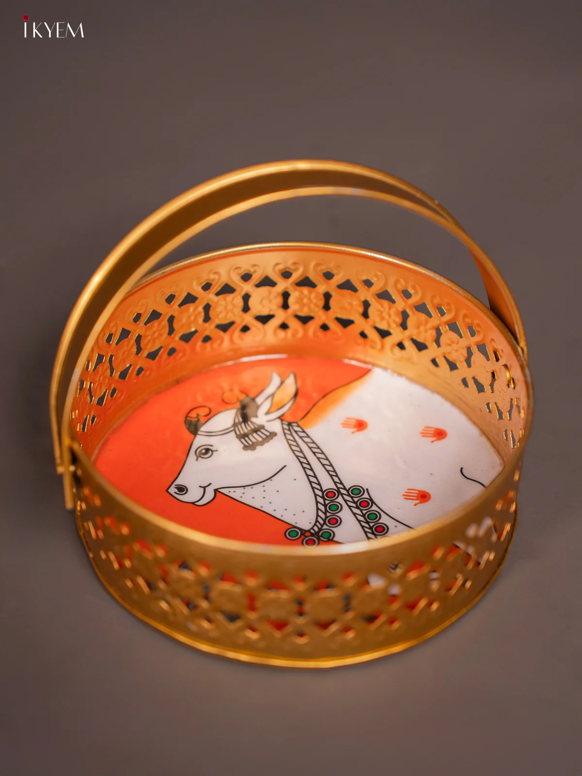 Cow Printed Round Metal tray with handle - Orange 6 Inches - KI07187