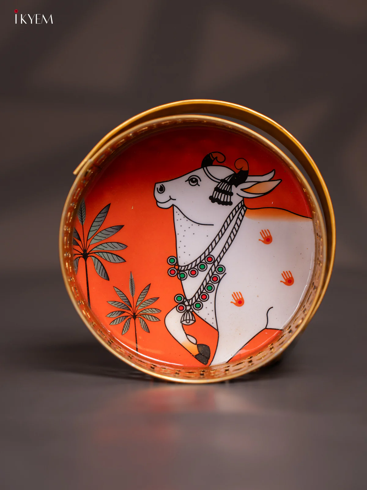 Cow Printed Round Metal tray with handle - Orange 6 Inches - KI07187 - Image 2