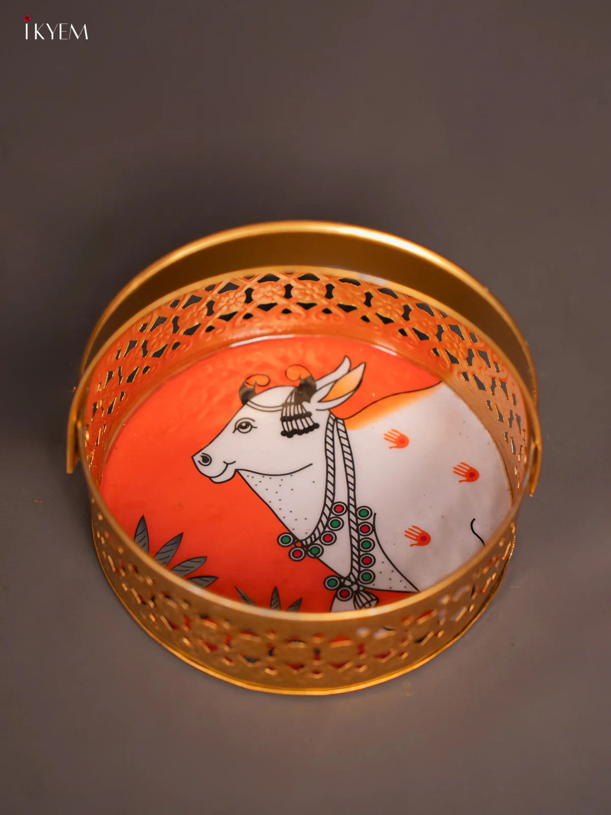 Cow Printed Round Metal tray with handle - Orange 6 Inches - KI07187 - Image 4