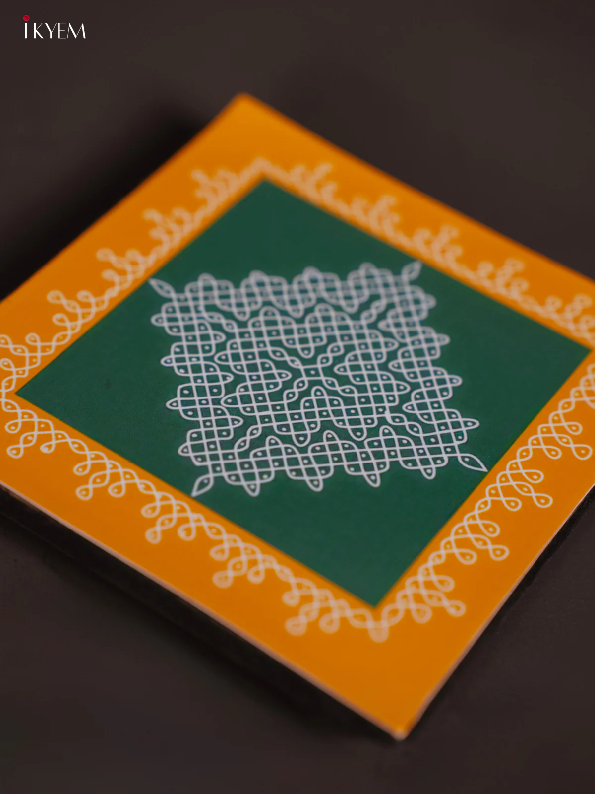 Wooden Sikku Kolam Manai Yellow with Green - KI08130 - Image 2