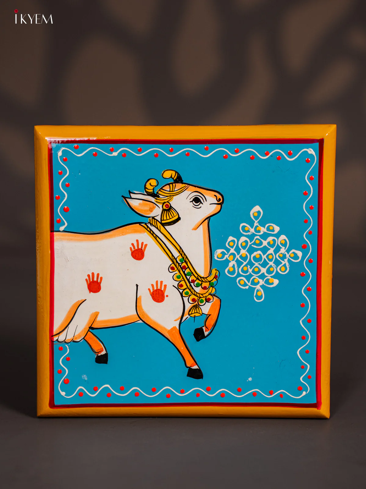 Cow Hand-Painted Wooden Chowki - Sky Blue - (6x6) Inches - KI10113