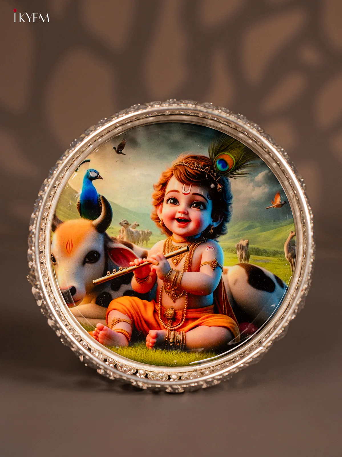 Digital Printed German Silver Tray - Krishna with Cow - 6 Inches - KI10120