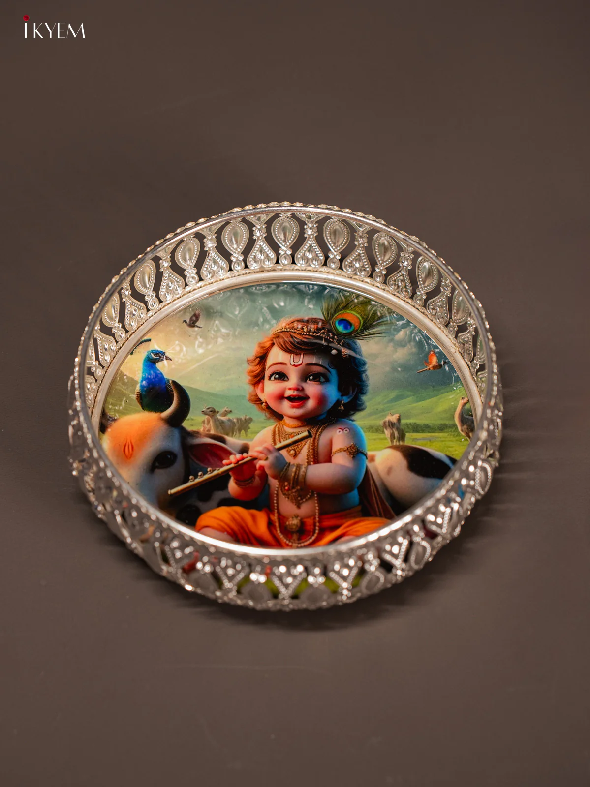 Digital Printed German Silver Tray - Krishna with Cow - 6 Inches - KI10120 - Image 3