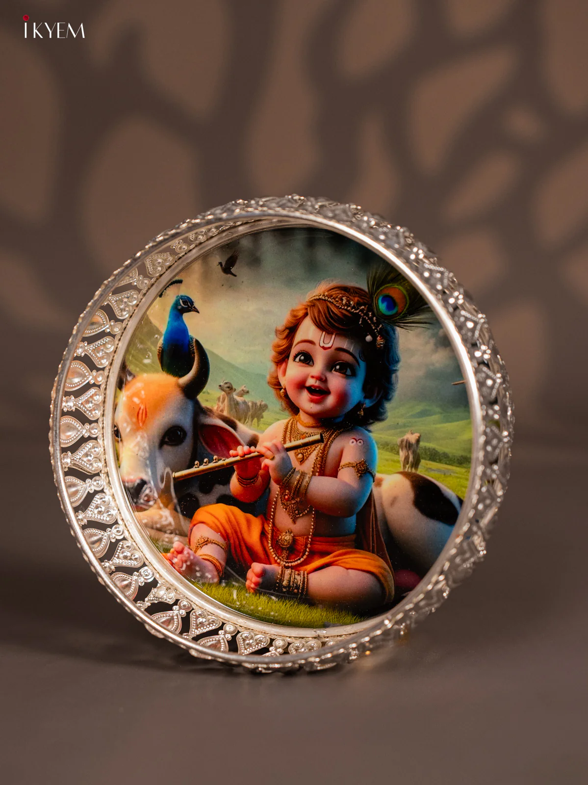 Digital Printed German Silver Tray - Krishna with Cow - 6 Inches - KI10120 - Image 4